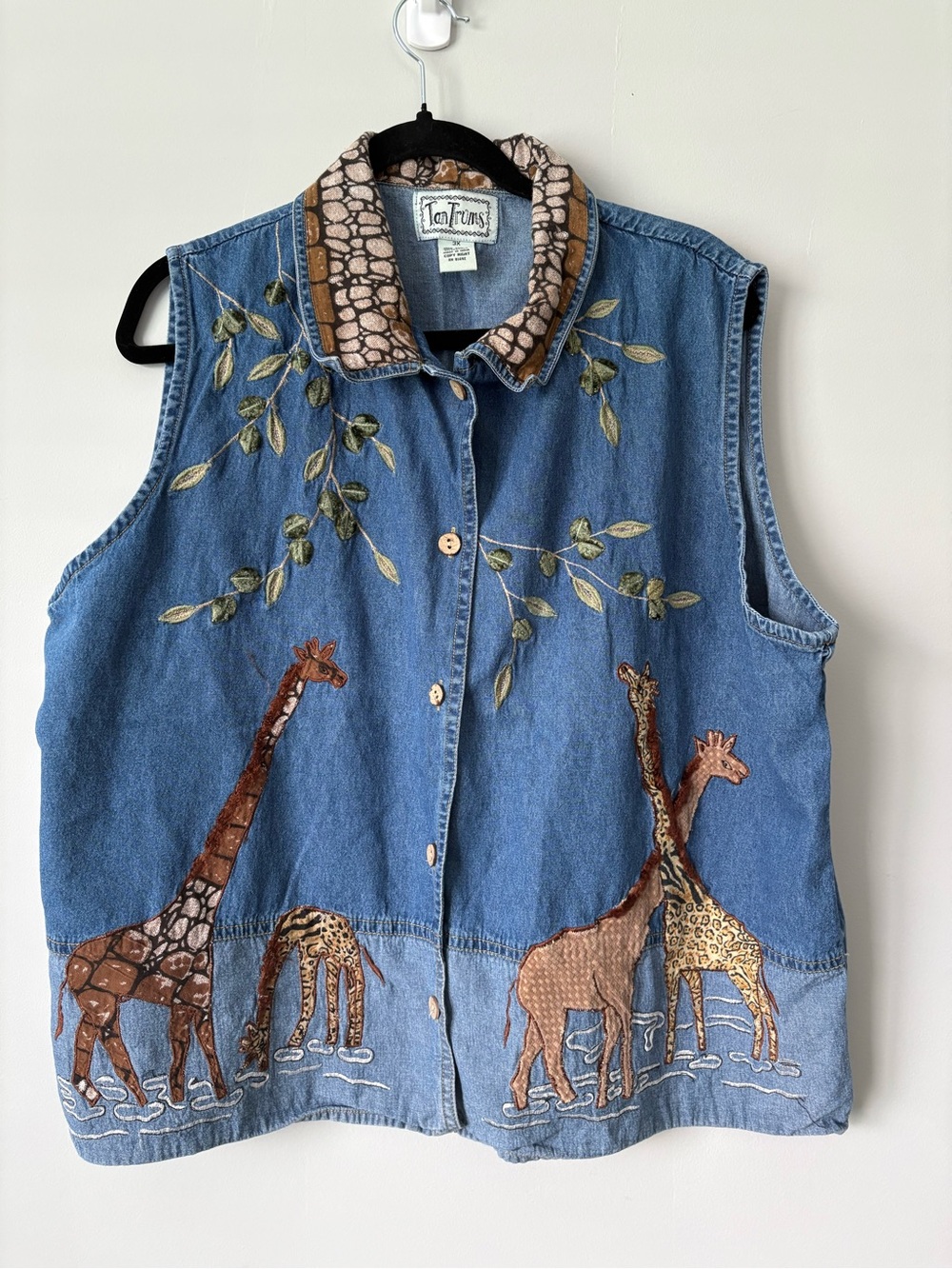 Vintage TanTrums Giraffe Denim Vest Blue Embroidered Safari Cotton
